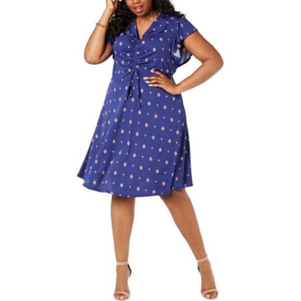 Monteau Blue V-Neck Short Flutter Sleeves Midi Dress Size 3X